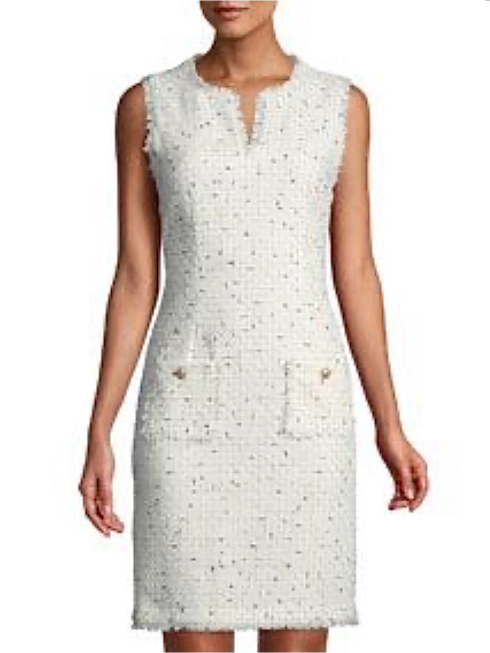 Karl Lagerfeld Cream Tweed V-Neck Shift Dress with Patch Pockets